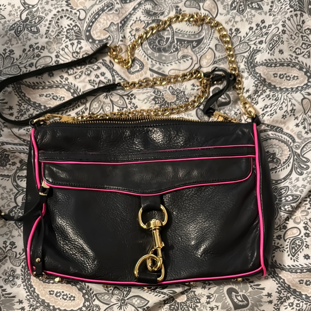 Rebecca Minkoff Black and Pink Crossbody Bag with Gold Chain